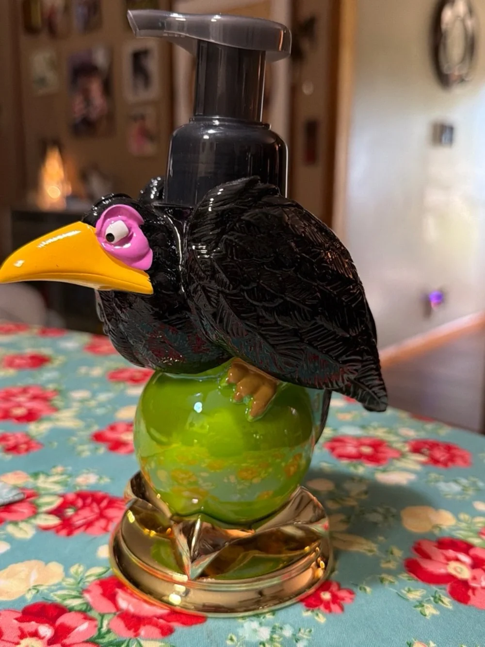 Decorative Black Vulture Soap Dispenser with Green Base